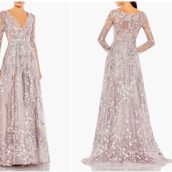 MAC DUGGAL FLORAL EMBROIDERED EMBELLISHED LONG SLEEVE MESH LILLAC GOWN sz 6 - Picture 5 of 5